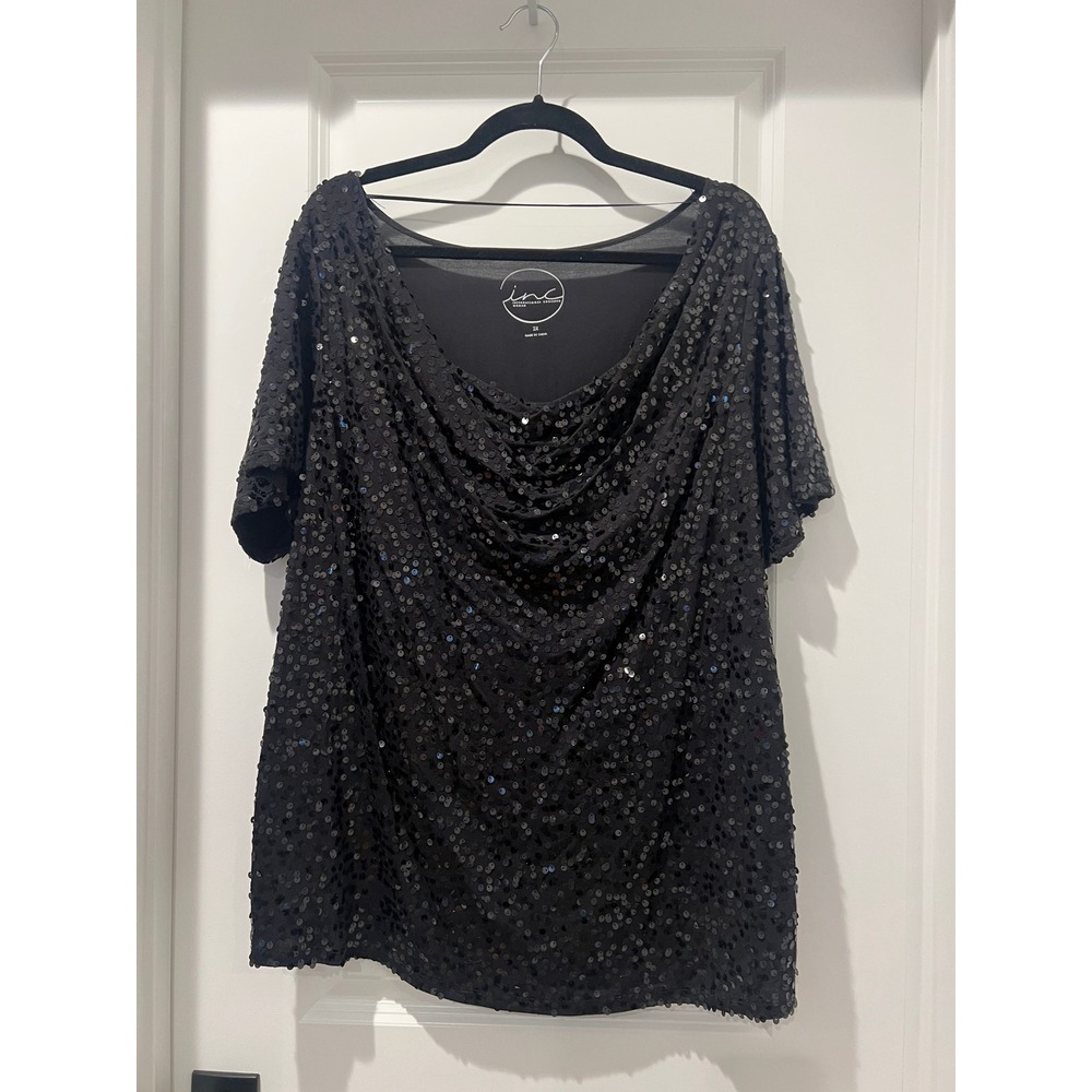 INC International Concepts Black Sequin Cowl Neck Short Sleeve Top Plus Size 2X